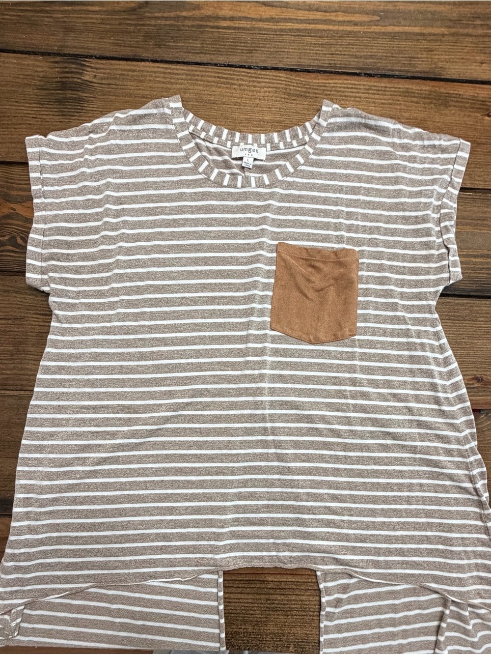 Umgee Taupe & White Striped Tee with Contrast Pocket
